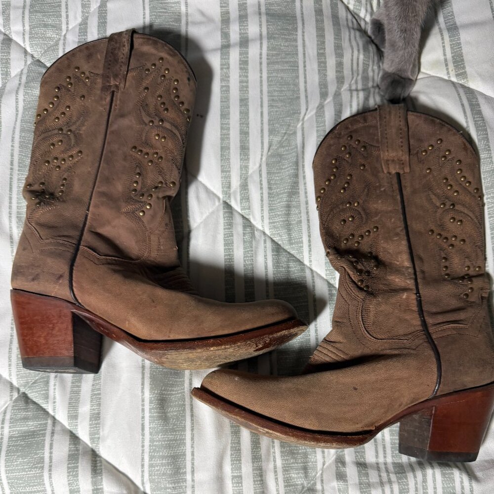 Dan‎ Post Women's Brown Leather Cowboy Boot Size7 M with Embroidery and Studding